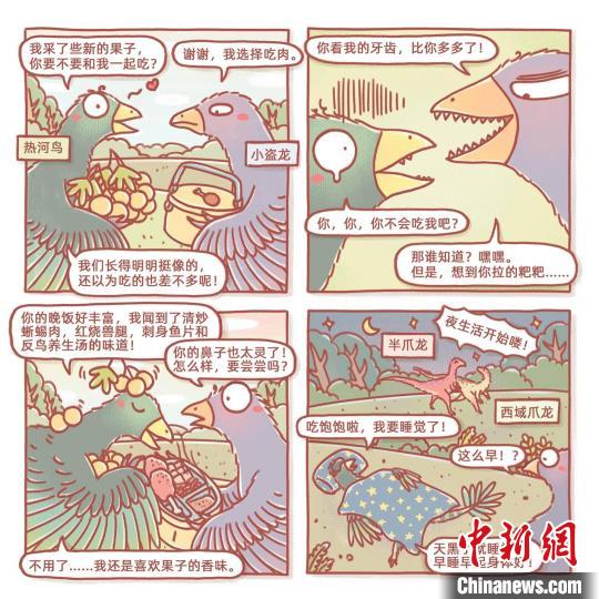 根據此次熱河鳥研究成果繪制的漫畫(燁子/繪)。　中科院古脊椎所 供圖