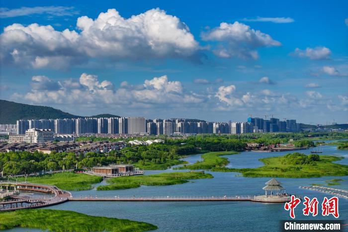 資料圖：航拍蘇州太湖湖濱國(guó)家濕地公園，藍(lán)天碧水生態(tài)美。 泱波 攝