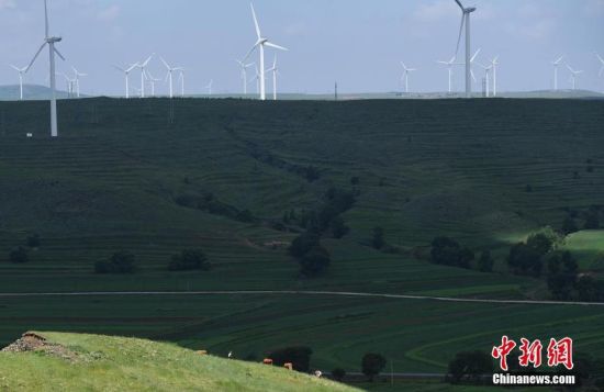 6月28日，河北張家口張北草原上大片風(fēng)力發(fā)電的“風(fēng)車”規(guī)模宏大。 中新社記者 楊艷敏 攝