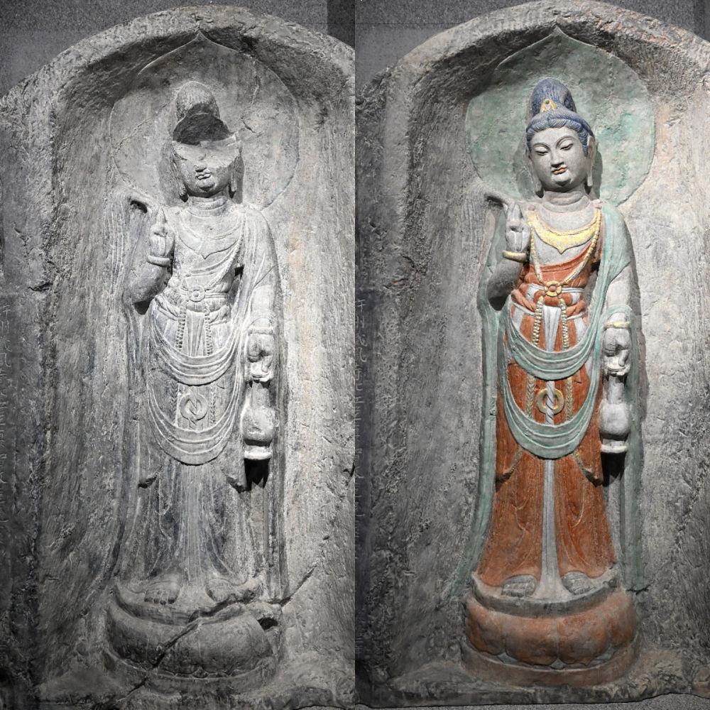 左圖為龍門石窟萬佛洞窟前南壁菩薩造像的3D打印模型；右圖為利用數(shù)字化技術(shù)復(fù)原后的3D打印模型（2025年4月10日攝，拼版照片）。復(fù)原后的像龕精妙絕倫，栩栩如生，被游客譽(yù)為“龍門最美菩薩”。圖片來源新華社