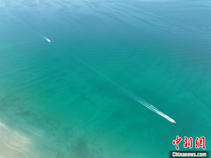 圖為航拍仲夏時節(jié)，青海湖湖水碧波蕩漾。　祁增蓓 攝